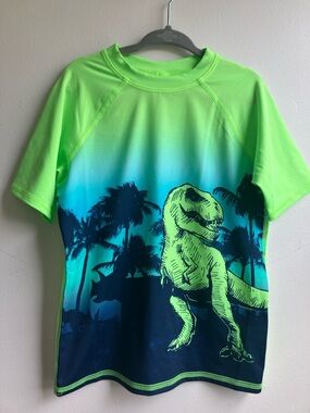 Lands' End Neon Green and Blue T-Rex Rash Guard